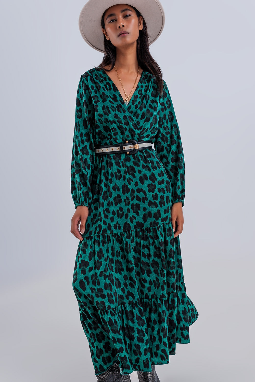 Maxi Wrap Dress With Long Sleeve in Green