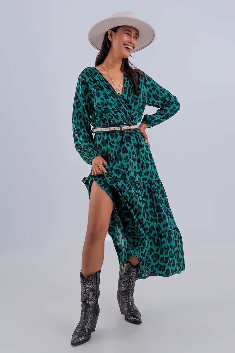 Maxi Wrap Dress With Long Sleeve in Green