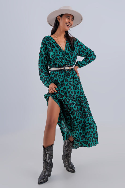 Maxi Wrap Dress With Long Sleeve in Green