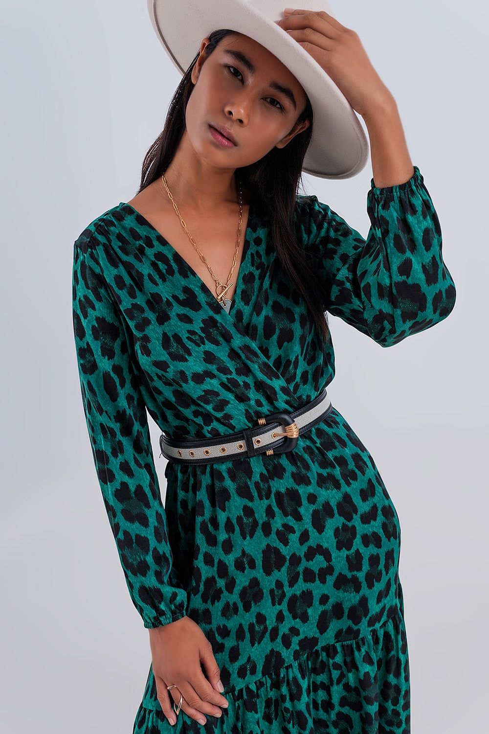 Maxi Wrap Dress With Long Sleeve in Green