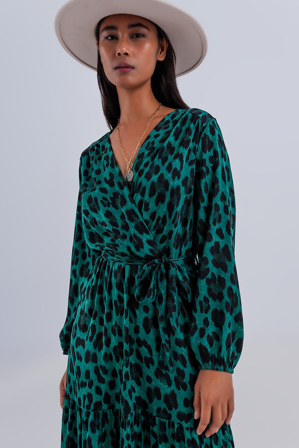 Maxi Wrap Dress With Long Sleeve in Green